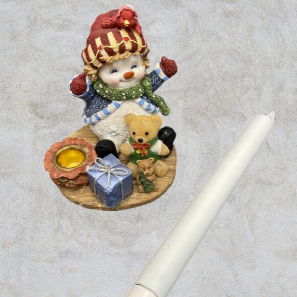 CANDLE HOLDER -- Sitting Snowman Taper Candle Holder, Christmas Decor, w/Candle - Picture 8 of 8